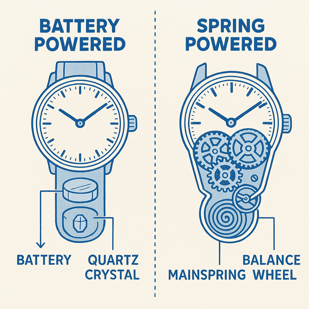 Illustration comparing quartz (battery-powered) and mechanical (spring-powered) watch movements